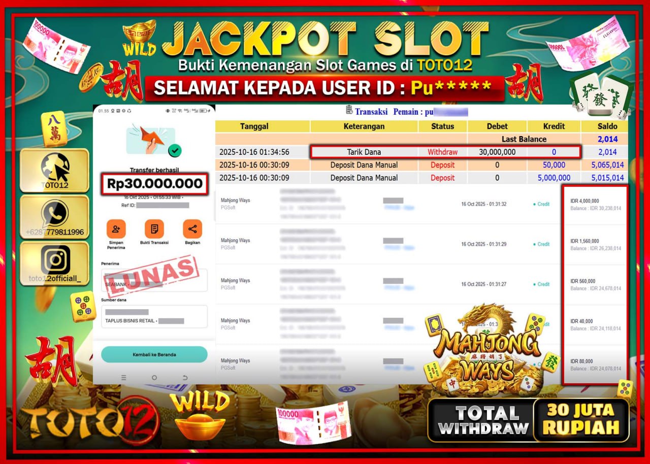 HANYA DI TOTO12 JP PASTI DI BAYAR LUNAS DAN CEPAT!!!!!! JACKPOT SLOT GAME (MAHJONG WAYS) Rp.30.000.000 !!!!
