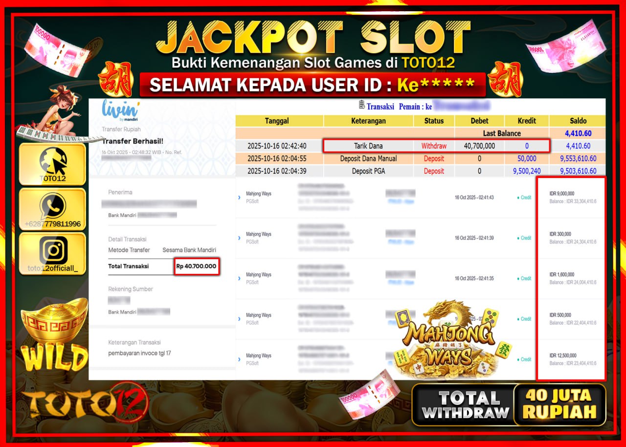 HANYA DI TOTO12 JP PASTI DI BAYAR LUNAS DAN CEPAT!!!!!! JACKPOT SLOT GAME (MAHJONG WAYS) Rp.40.700.000 !!!!