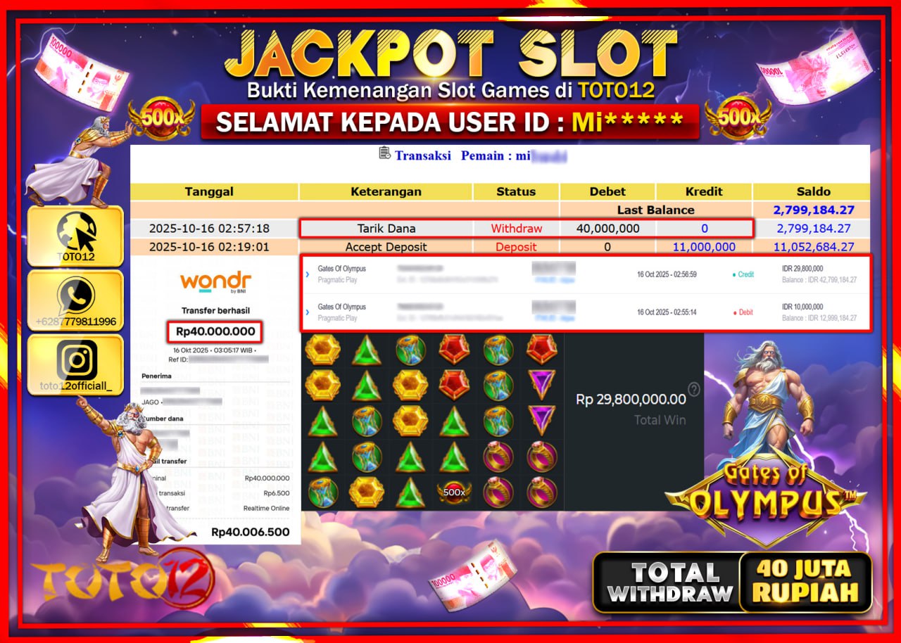 HANYA DI TOTO12 JP PASTI DI BAYAR LUNAS DAN CEPAT!!!!!! JACKPOT SLOT GAME (GATES OF OLYMPUS) Rp.40.000.000 !!!!