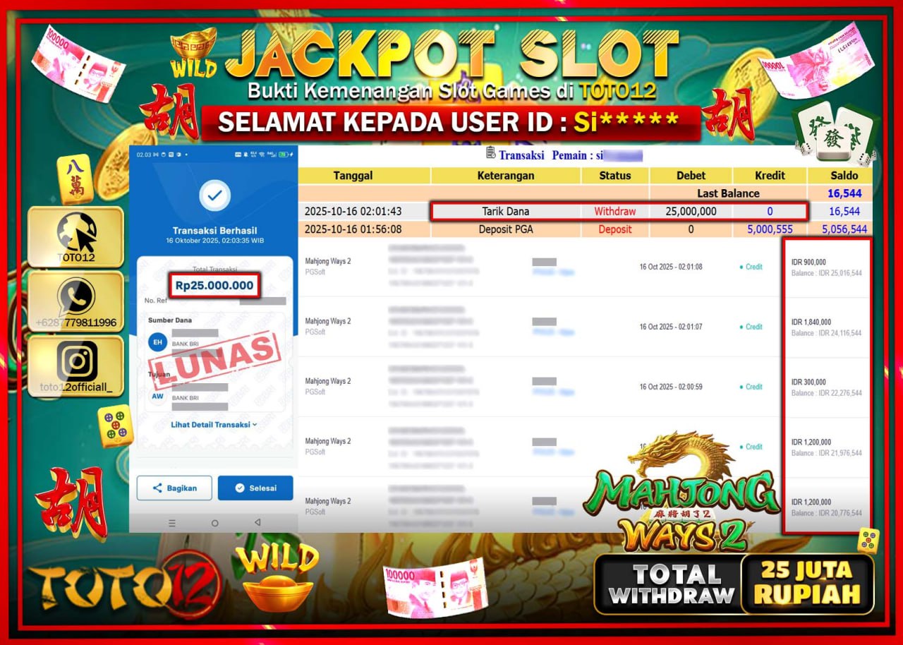 HANYA DI TOTO12 JP PASTI DI BAYAR LUNAS DAN CEPAT!!!!!! JACKPOT SLOT GAME (MAHJONG WAYS 2) Rp.25.000.000 !!!!