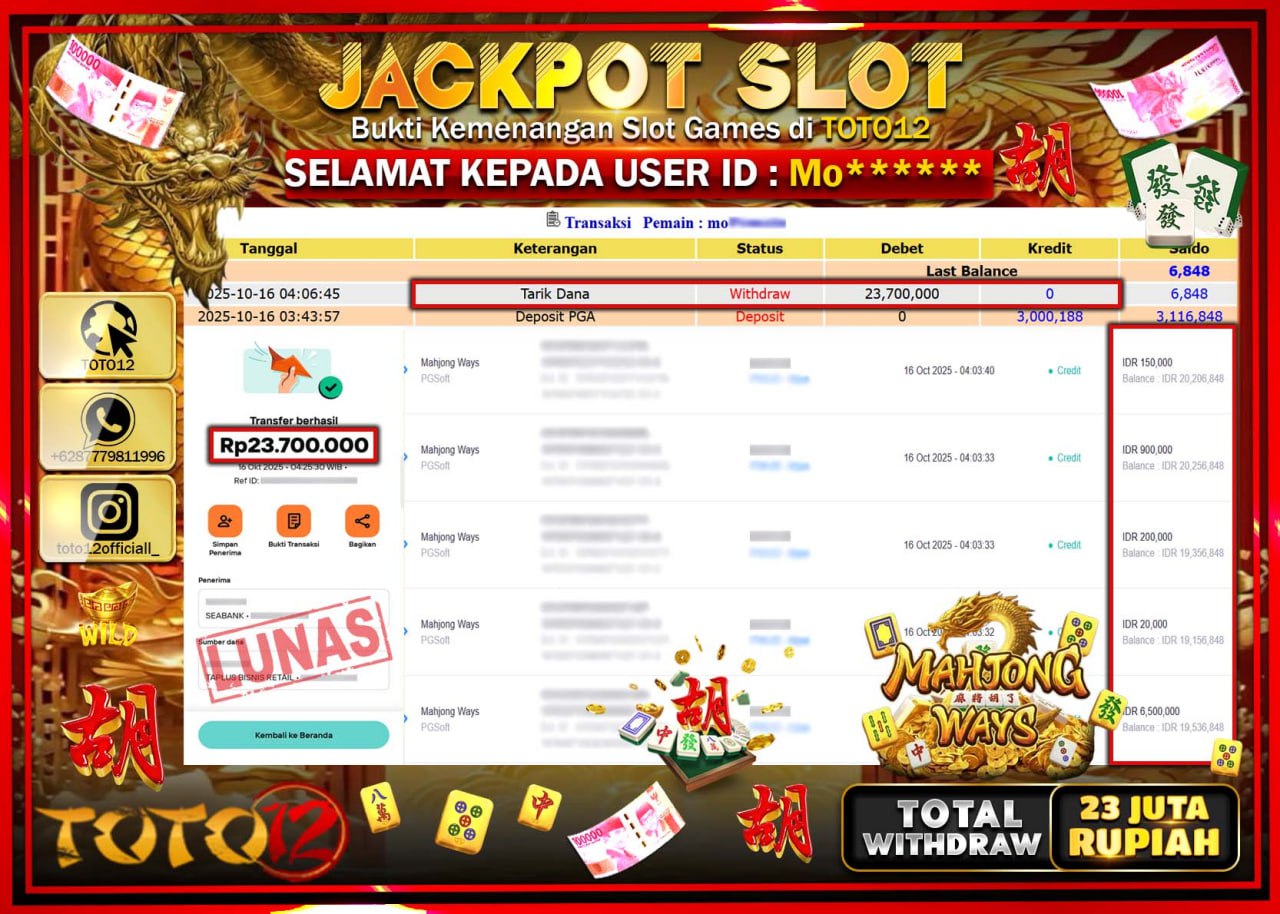 HANYA DI TOTO12 JP PASTI DI BAYAR LUNAS DAN CEPAT!!!!!! JACKPOT SLOT GAME (MAHJONG WAYS) Rp.23.700.000 !!!!