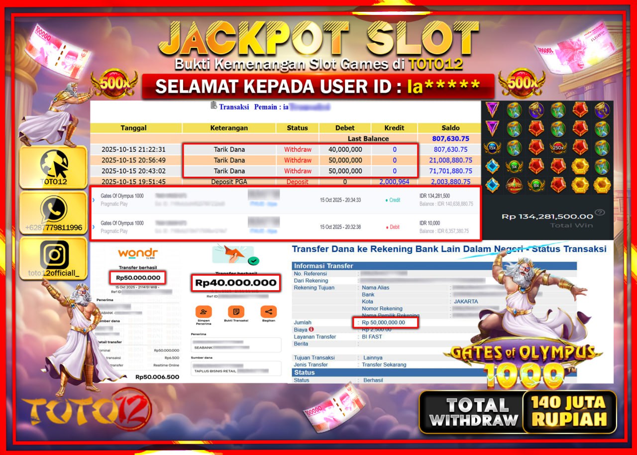 HANYA DI TOTO12 JP PASTI DI BAYAR LUNAS DAN CEPAT!!!!!! JACKPOT SLOT GAME (GATES OF OLYMPUS 1000) Rp.140.000.000 !!!!
