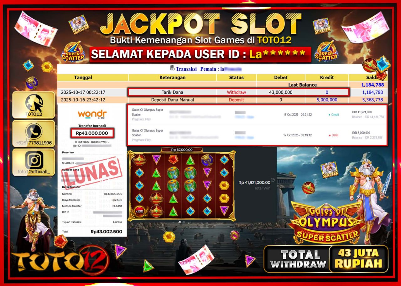 HANYA DI TOTO12 JP PASTI DI BAYAR LUNAS DAN CEPAT!!!!!! JACKPOT SLOT GAME (GATES OF OLYMPUS SUPER SCATTER) Rp.43.000.000 !!!!