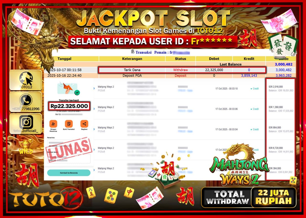 HANYA DI TOTO12 JP PASTI DI BAYAR LUNAS DAN CEPAT!!!!!! JACKPOT SLOT GAME (MAHJONG WAYS 2) Rp.22.325.000 !!!!