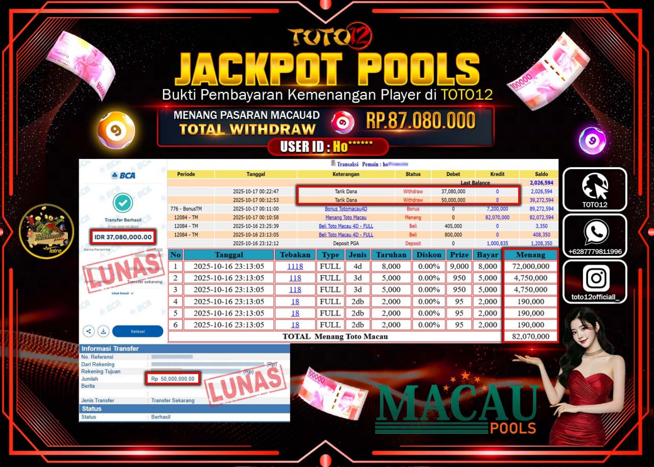 HANYA DI TOTO12 JP PASTI DI BAYAR LUNAS DAN CEPAT!!!!!! JACKPOT POOLS PASARAN (MACAU 4D) Rp.87.080.000 !!!!