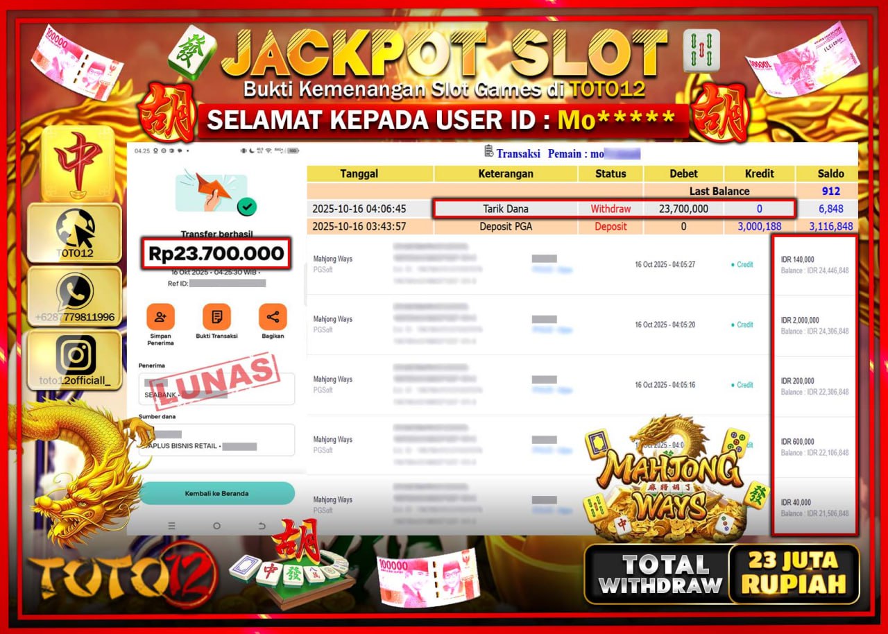 HANYA DI TOTO12 JP PASTI DI BAYAR LUNAS DAN CEPAT!!!!!! JACKPOT SLOT GAME (MAHJONG WAYS) Rp.23.700.000 !!!!