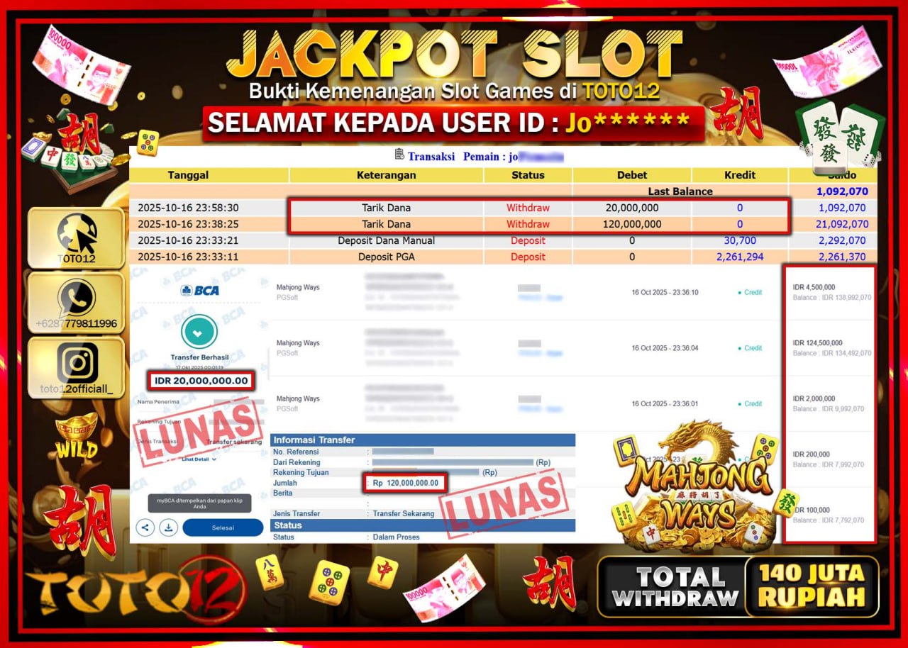 HANYA DI TOTO12 JP PASTI DI BAYAR LUNAS DAN CEPAT!!!!!! JACKPOT SLOT GAME (MAHJONG WAYS) Rp.140.000.000 !!!!