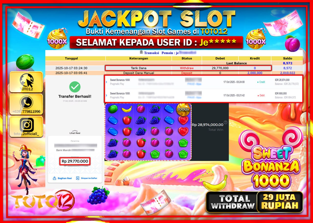 HANYA DI TOTO12 JP PASTI DI BAYAR LUNAS DAN CEPAT!!!!!! JACKPOT SLOT GAME (SWEET BONANZA 1000) Rp.29.770.000 !!!!