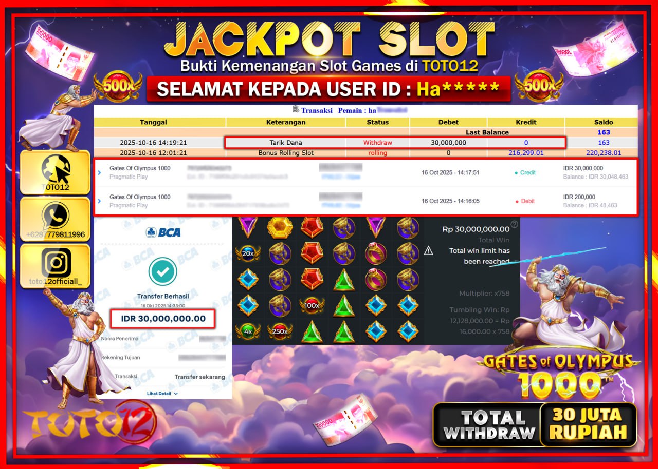HANYA DI TOTO12 JP PASTI DI BAYAR LUNAS DAN CEPAT!!!!!! JACKPOT SLOT GAME (GATES OF OLYMPUS 1000) Rp.30.000.000 !!!!