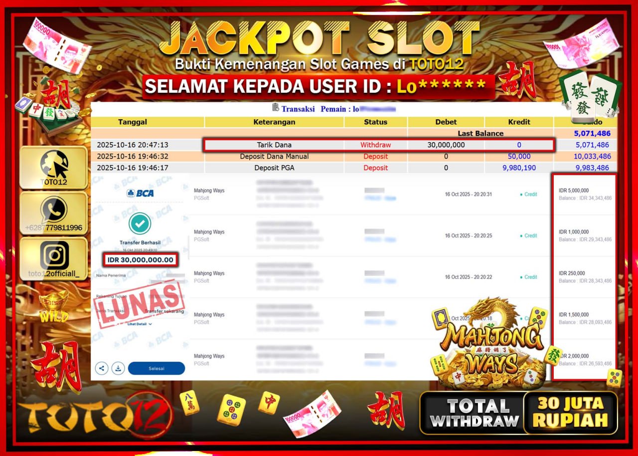 HANYA DI TOTO12 JP PASTI DI BAYAR LUNAS DAN CEPAT!!!!!! JACKPOT SLOT GAME (MAHJONG WAYS) Rp.30.000.000 !!!!