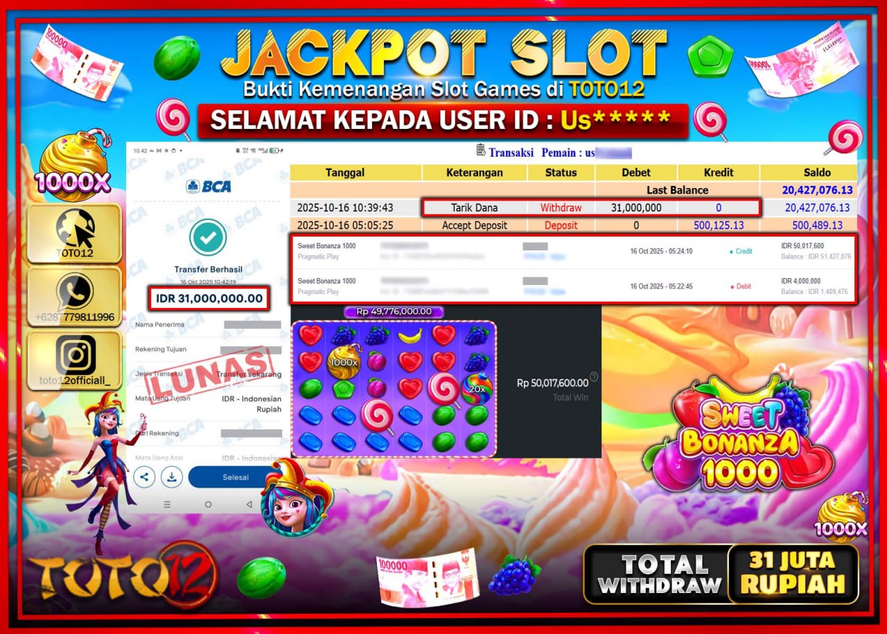 HANYA DI TOTO12 JP PASTI DI BAYAR LUNAS DAN CEPAT!!!!!! JACKPOT SLOT GAME (SWEET BONANZA 1000) Rp.31.000.000 !!!!