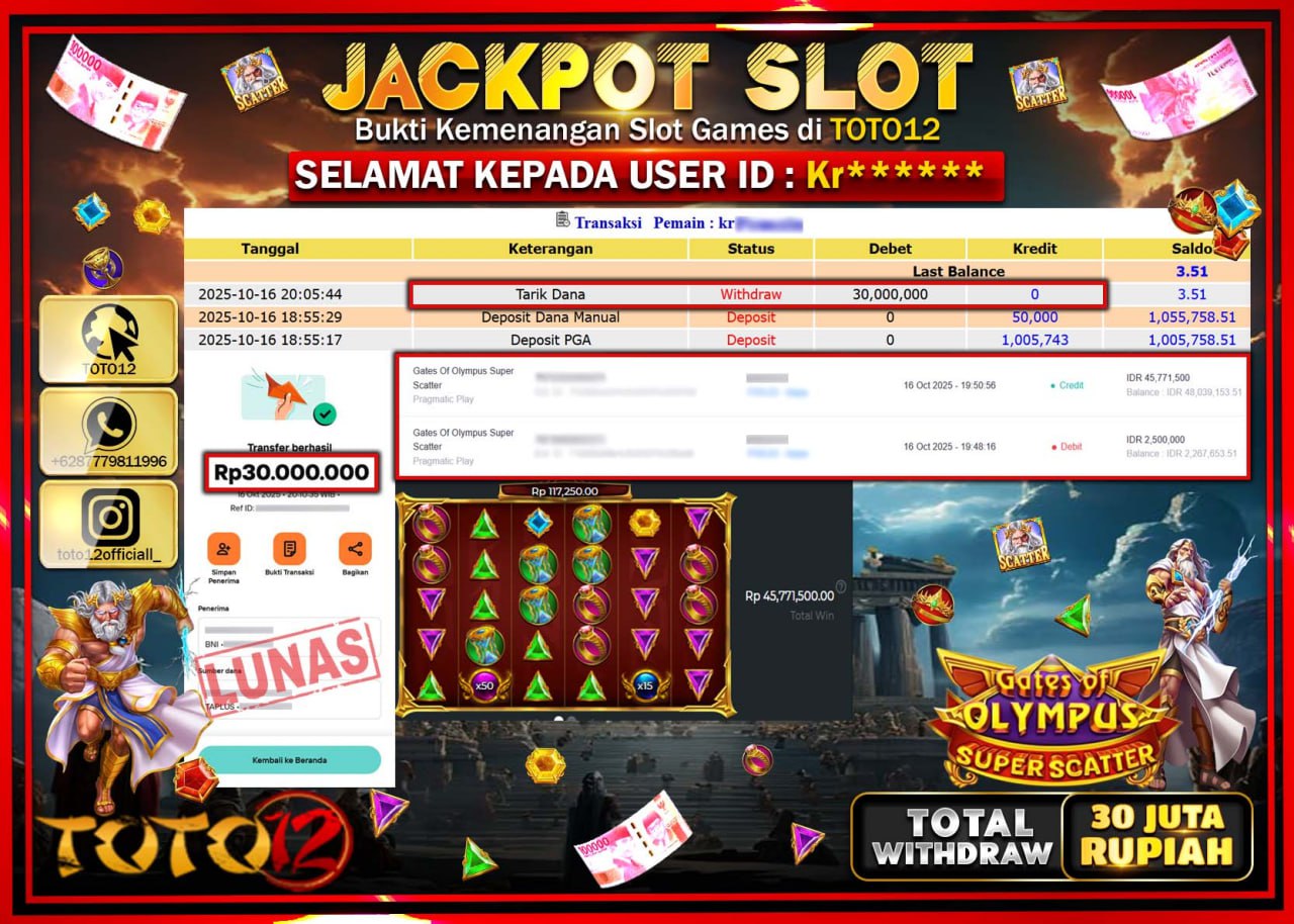 HANYA DI TOTO12 JP PASTI DI BAYAR LUNAS DAN CEPAT!!!!!! JACKPOT SLOT GAME (GATES OF OLYMPUS SUPER SCATTER) Rp.30.000.000 !!!!