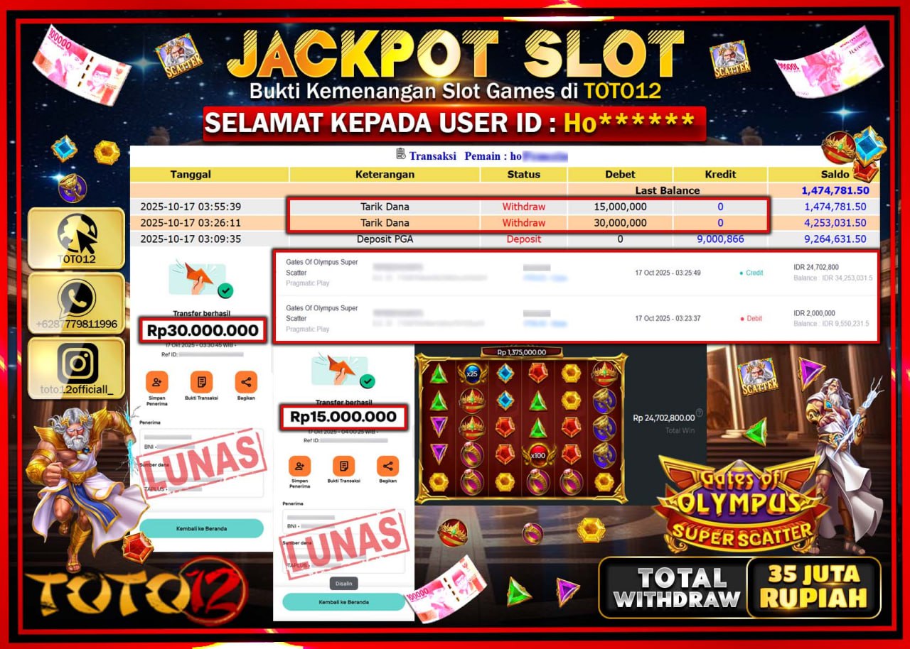 HANYA DI TOTO12 JP PASTI DI BAYAR LUNAS DAN CEPAT!!!!!! JACKPOT SLOT GAME (GATES OF OLYMPUS SUPER SCATTER) Rp.35.000.000 !!!!
