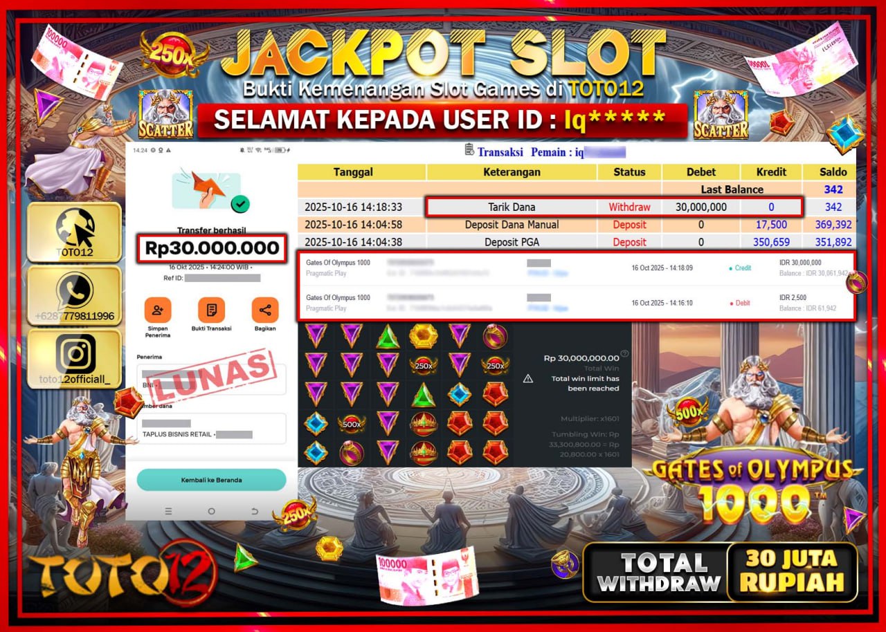 HANYA DI TOTO12 JP PASTI DI BAYAR LUNAS DAN CEPAT!!!!!! JACKPOT SLOT GAME (GATES OF OLYMPUS 1000) Rp.30.000.000 !!!!