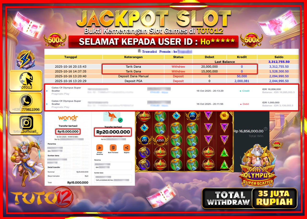 HANYA DI TOTO12 JP PASTI DI BAYAR LUNAS DAN CEPAT!!!!!! JACKPOT SLOT GAME (GATES OF OLYMPUS SUPER SCATTER) Rp.35.000.000 !!!!
