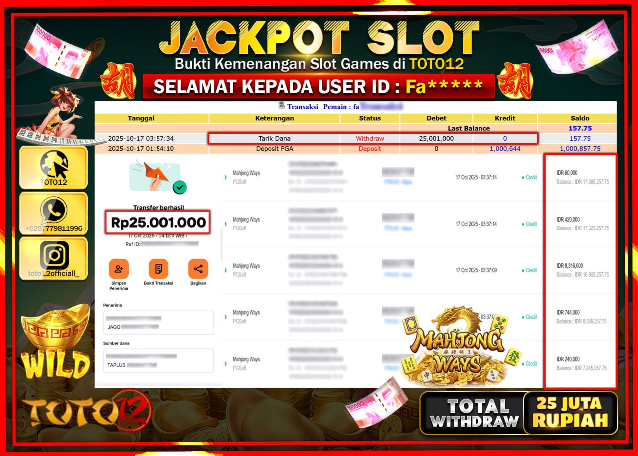 HANYA DI TOTO12 JP PASTI DI BAYAR LUNAS DAN CEPAT!!!!!! JACKPOT SLOT GAME (MAHJONG WAYS) Rp.25.001.000 !!!!