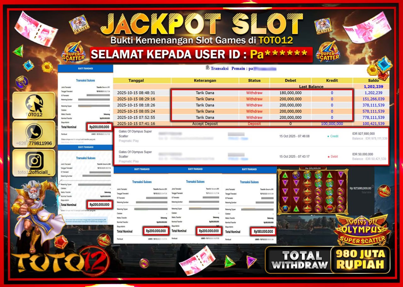 HANYA DI TOTO12 JP PASTI DI BAYAR LUNAS DAN CEPAT!!!!!! JACKPOT SLOT GAME (GATES OF OLYMPUS SUPER SCATTER) Rp.980.000.000 !!!!