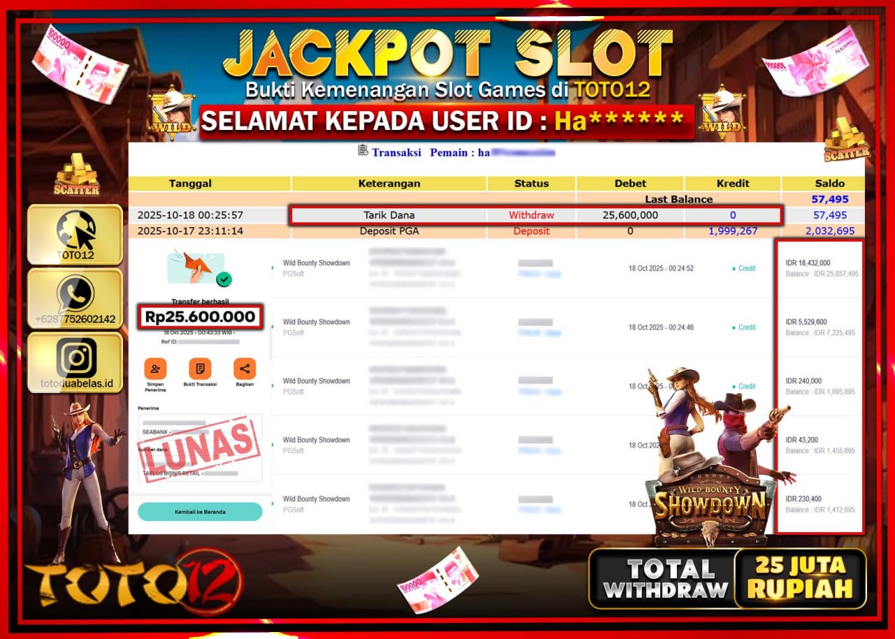 HANYA DI TOTO12 JP PASTI DI BAYAR LUNAS DAN CEPAT!!!!!! JACKPOT SLOT GAME (WILD BOUNTY SHOWDOWN) Rp.25.600.000 !!!!