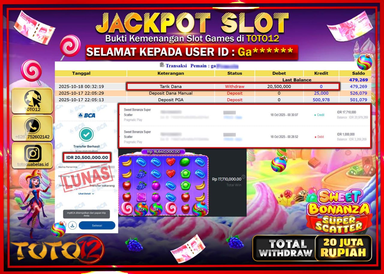 HANYA DI TOTO12 JP PASTI DI BAYAR LUNAS DAN CEPAT!!!!!! JACKPOT SLOT GAME (SWEET BONANZA SUPER SCATTER) Rp.20.500.000 !!!!