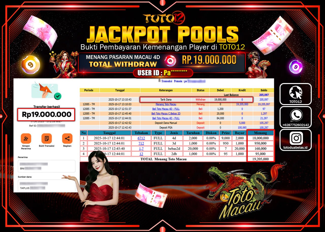 HANYA DI TOTO12 JP PASTI DI BAYAR LUNAS DAN CEPAT!!!!!! JACKPOT POOLS PASARAN (MACAU 4D) Rp.19.000.000 !!!!