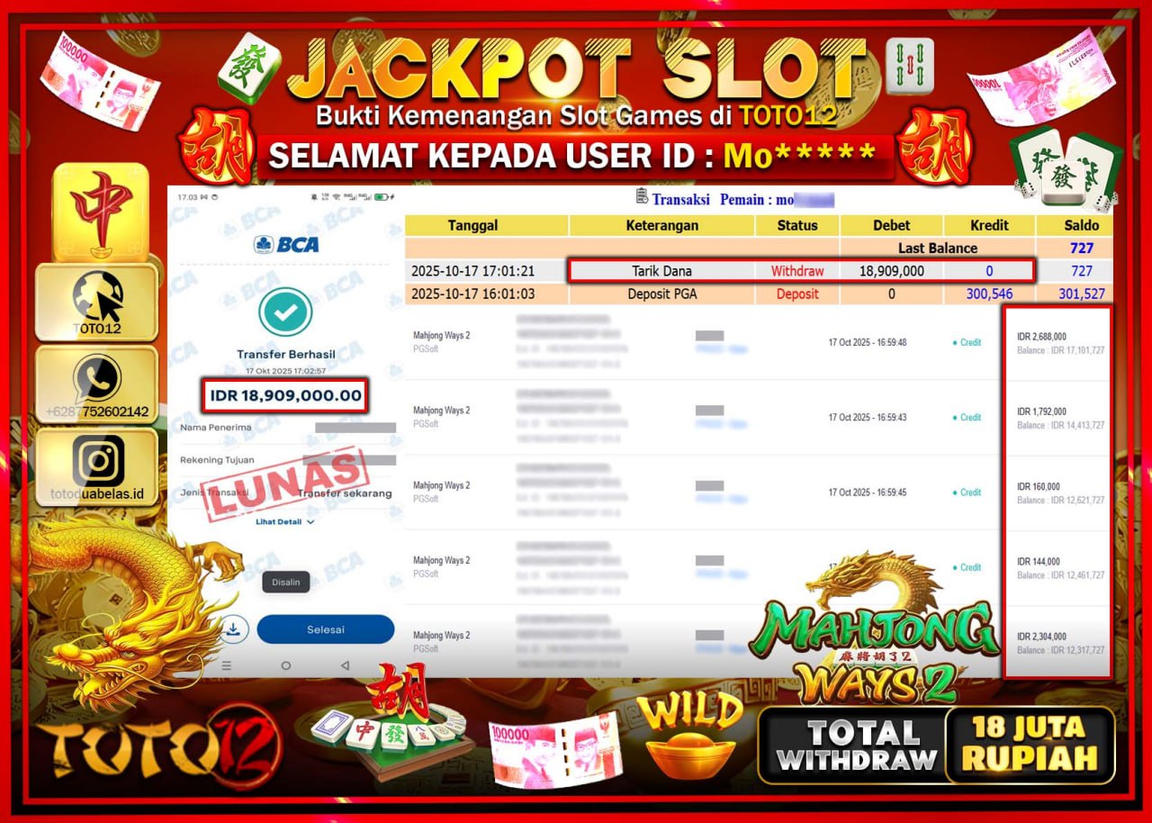 HANYA DI TOTO12 JP PASTI DI BAYAR LUNAS DAN CEPAT!!!!!! JACKPOT SLOT GAME (MAHJONG WAYS 2) Rp.18.909.000 !!!!