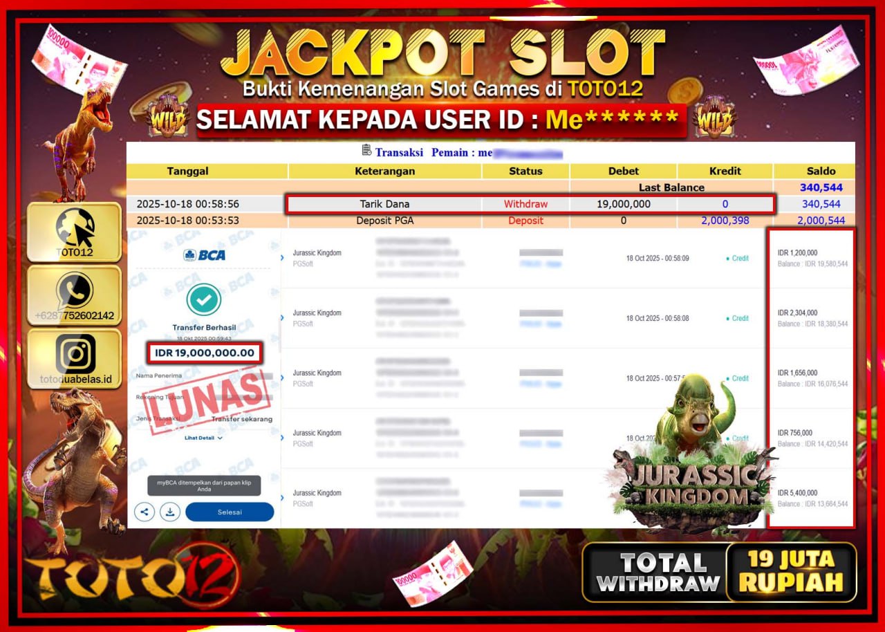 HANYA DI TOTO12 JP PASTI DI BAYAR LUNAS DAN CEPAT!!!!!! JACKPOT SLOT GAME (JURASSIC KINGDOM) Rp.19.000.000 !!!!