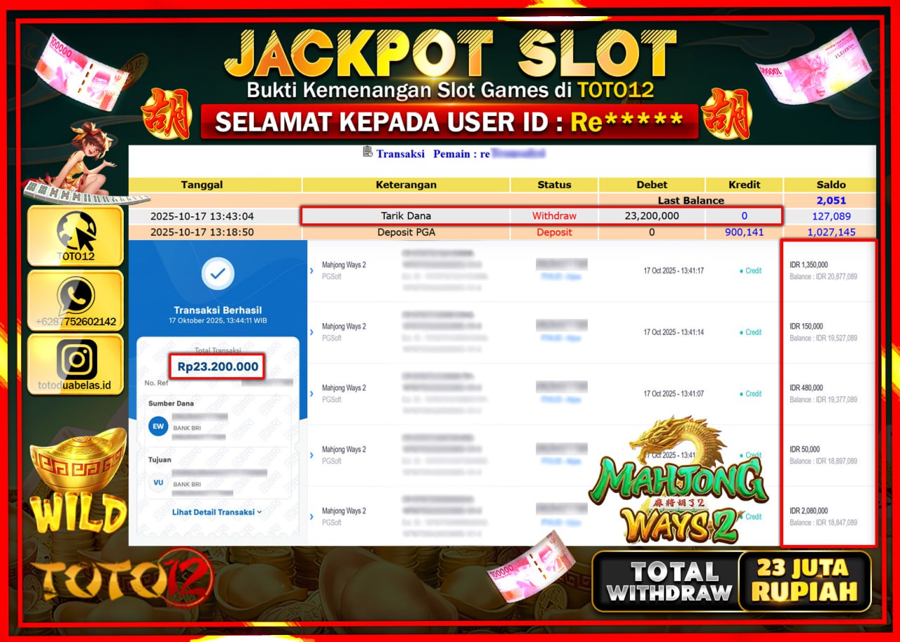 HANYA DI TOTO12 JP PASTI DI BAYAR LUNAS DAN CEPAT!!!!!! JACKPOT SLOT GAME (MAHJONG WAYS 2) Rp.23.200.000 !!!!
