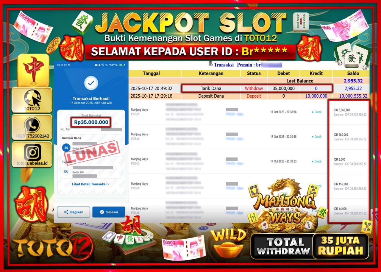 HANYA DI TOTO12 JP PASTI DI BAYAR LUNAS DAN CEPAT!!!!!! JACKPOT SLOT GAME (MAHJONG WAYS) Rp.35.000.000 !!!!