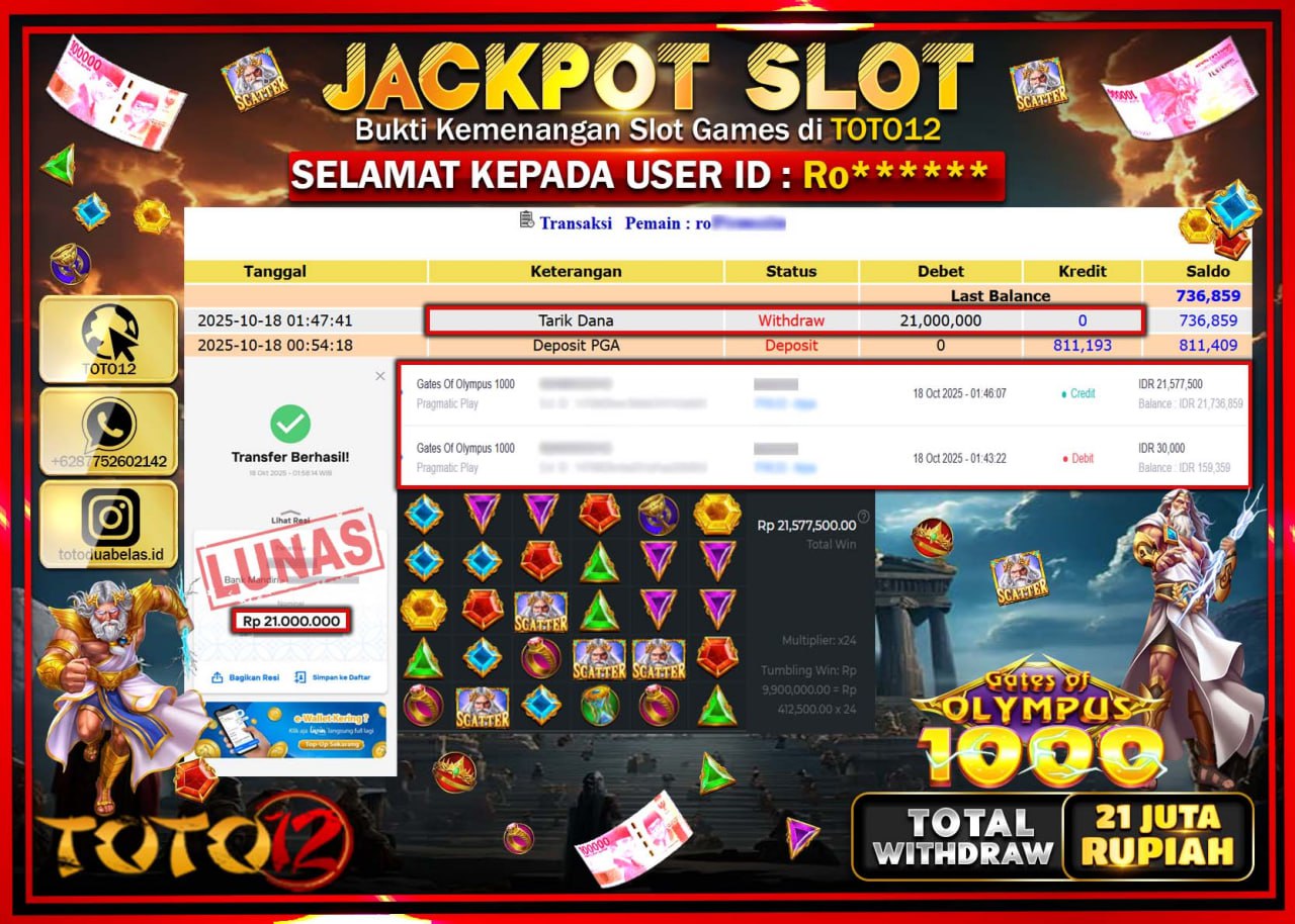 HANYA DI TOTO12 JP PASTI DI BAYAR LUNAS DAN CEPAT!!!!!! JACKPOT SLOT GAME (GATES OF OLYMPUS 1000) Rp.21.000.000 !!!!