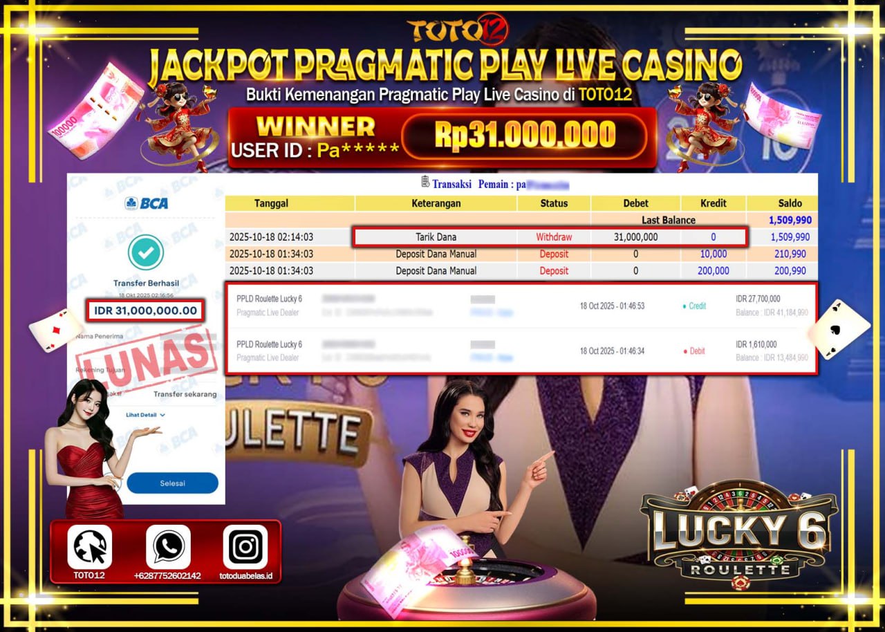 HANYA DI TOTO12 JP PASTI DI BAYAR LUNAS DAN CEPAT!!!!!! JACKPOT PRAGMATIC PLAY LIVE CASINO (ROULETTE LUCKY 6) Rp.31.000.000 !!!!