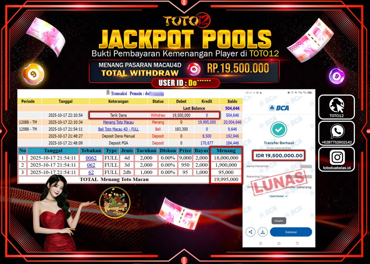 HANYA DI TOTO12 JP PASTI DI BAYAR LUNAS DAN CEPAT!!!!!! JACKPOT POOLS PASARAN (MACAU 4D) Rp.19.500.000 !!!!