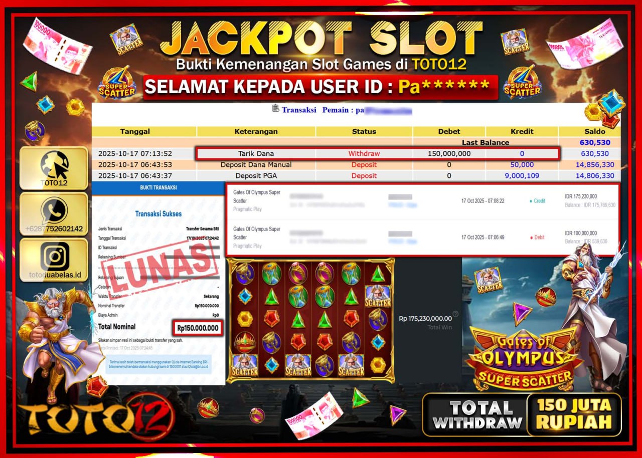 HANYA DI TOTO12 JP PASTI DI BAYAR LUNAS DAN CEPAT!!!!!! JACKPOT SLOT GAME (GATES OF OLYMPUS SUPER SCATTER) Rp.150.000.000 !!!!