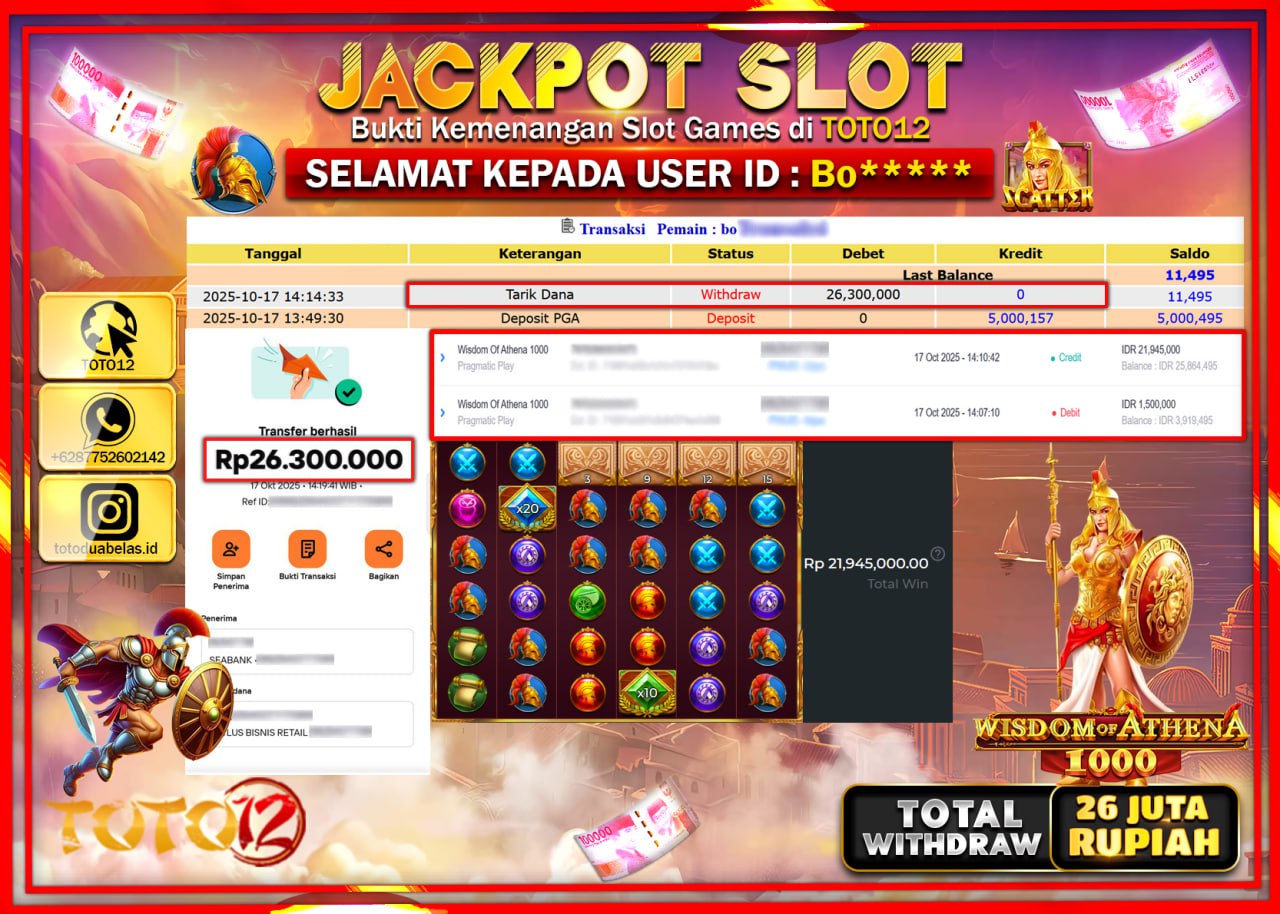 HANYA DI TOTO12 JP PASTI DI BAYAR LUNAS DAN CEPAT!!!!!! JACKPOT SLOT GAME (WISDOM OF ATHENA 1000) Rp.26.300.000 !!!!