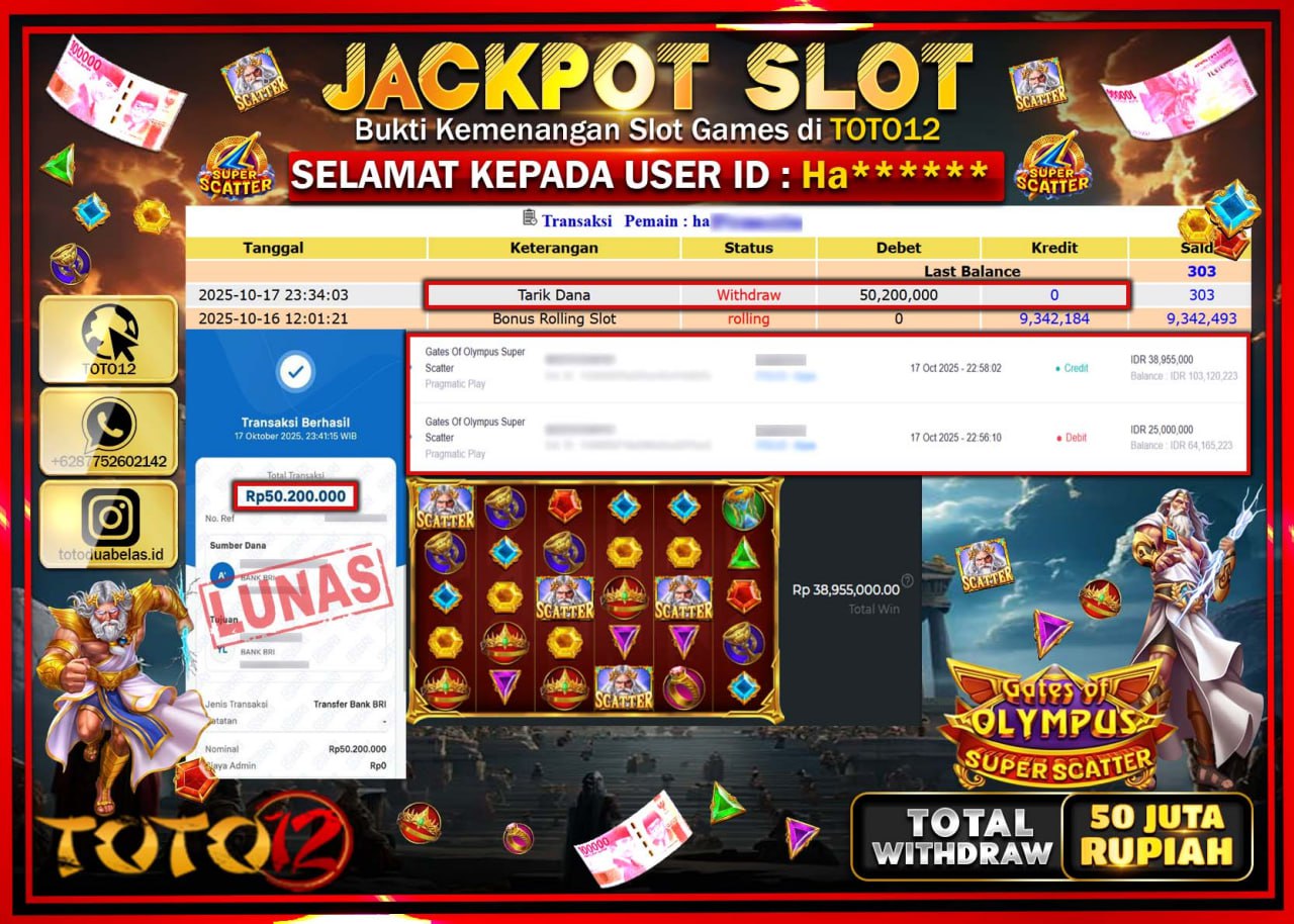 HANYA DI TOTO12 JP PASTI DI BAYAR LUNAS DAN CEPAT!!!!!! JACKPOT SLOT GAME (GATES OF OLYMPUS SUPER SCATTER) Rp.50.200.000 !!!!