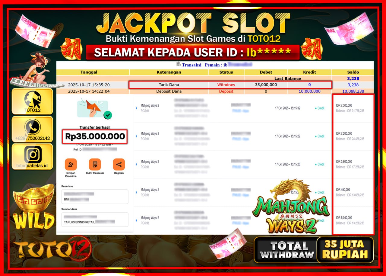 HANYA DI TOTO12 JP PASTI DI BAYAR LUNAS DAN CEPAT!!!!!! JACKPOT SLOT GAME (MAHJONG WAYS 2) Rp.35.000.000 !!!!