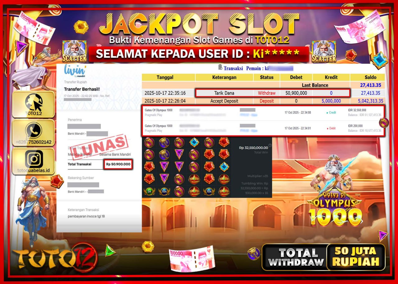 HANYA DI TOTO12 JP PASTI DI BAYAR LUNAS DAN CEPAT!!!!!! JACKPOT SLOT GAME (GATES OF OLYMPUS 1000) Rp.50.900.000 !!!!