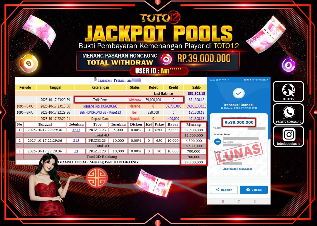 HANYA DI TOTO12 JP PASTI DI BAYAR LUNAS DAN CEPAT!!!!!! JACKPOT POOLS PASARAN (HONGKONG) Rp.39.000.000 !!!!