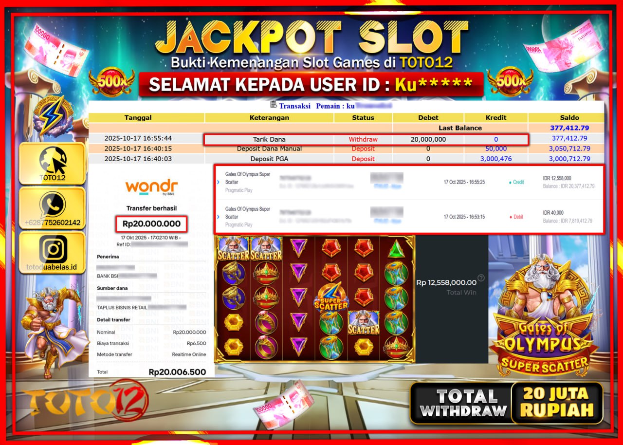 HANYA DI TOTO12 JP PASTI DI BAYAR LUNAS DAN CEPAT!!!!!! JACKPOT SLOT GAME (GATES OF OLYMPUS SUPER SCATTER) Rp.20.000.000 !!!!