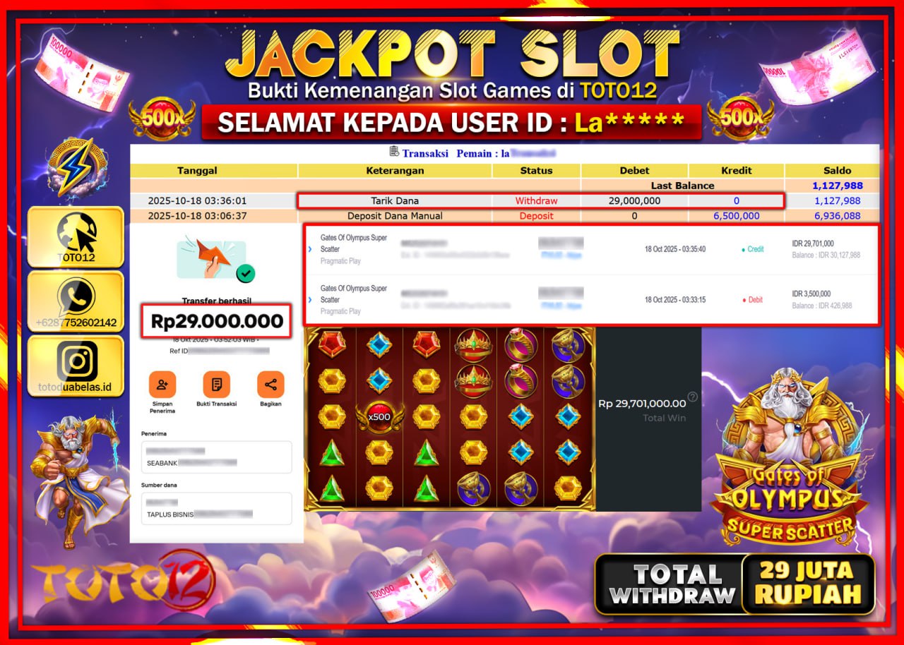 HANYA DI TOTO12 JP PASTI DI BAYAR LUNAS DAN CEPAT!!!!!! JACKPOT SLOT GAME (GATES OF OLYMPUS SUPER SCATTER) Rp.29.000.000 !!!!