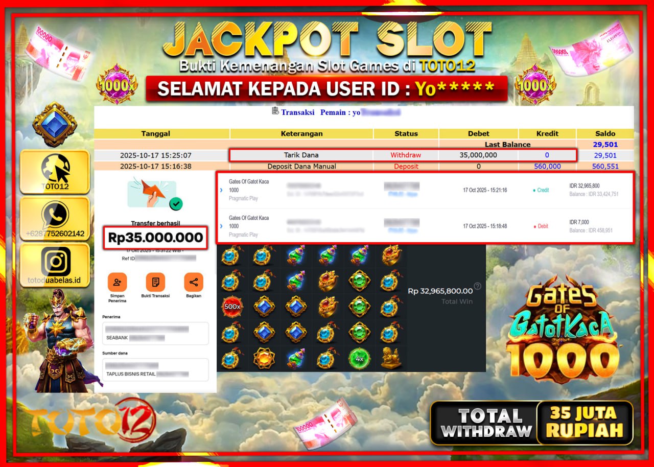 HANYA DI TOTO12 JP PASTI DI BAYAR LUNAS DAN CEPAT!!!!!! JACKPOT SLOT GAME (GATES OF GATOT KACA 1000) Rp.35.000.000 !!!!