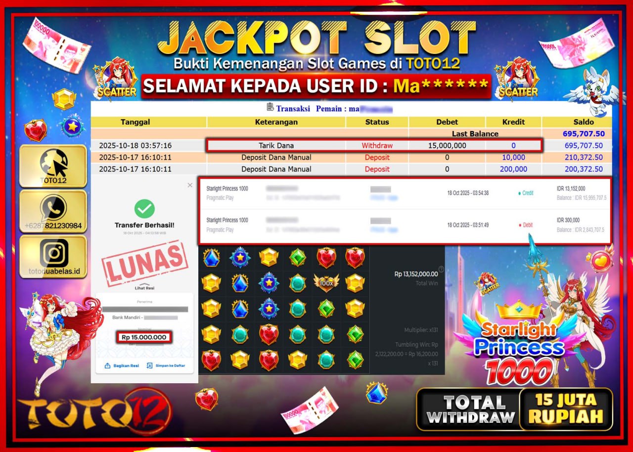 HANYA DI TOTO12 JP PASTI DI BAYAR LUNAS DAN CEPAT!!!!!! JACKPOT SLOT GAME (STARLIGHT PRINCESS 1000) Rp.15.000.000 !!!!