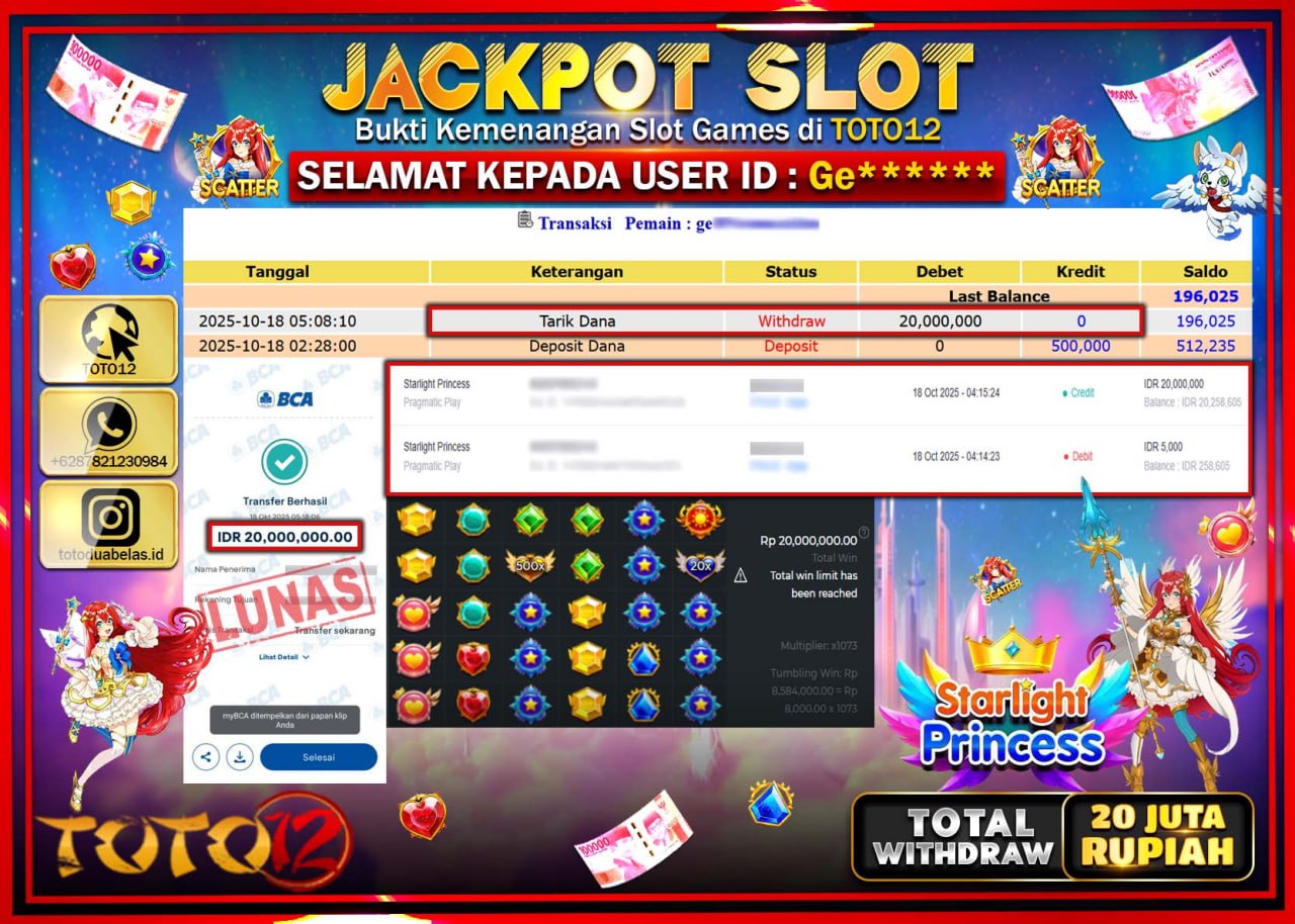HANYA DI TOTO12 JP PASTI DI BAYAR LUNAS DAN CEPAT!!!!!! JACKPOT SLOT GAME (STARLIGHT PRINCESS) Rp.20.000.000 !!!!