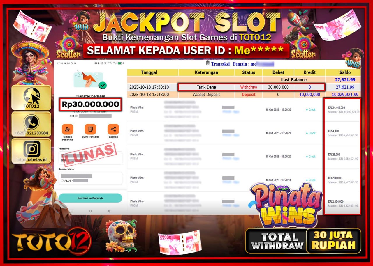HANYA DI TOTO12 JP PASTI DI BAYAR LUNAS DAN CEPAT!!!!!! JACKPOT SLOT GAME (PINATA WINS) Rp.30.000.000 !!!!