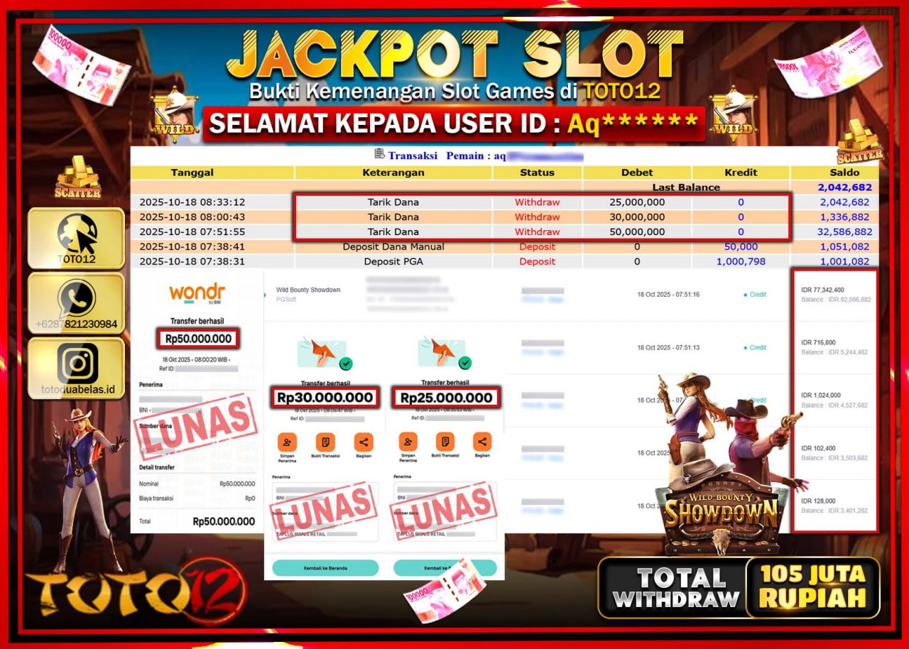 HANYA DI TOTO12 JP PASTI DI BAYAR LUNAS DAN CEPAT!!!!!! JACKPOT SLOT GAME (WILD BOUNTY SHOWDOWN) Rp.105.000.000 !!!!