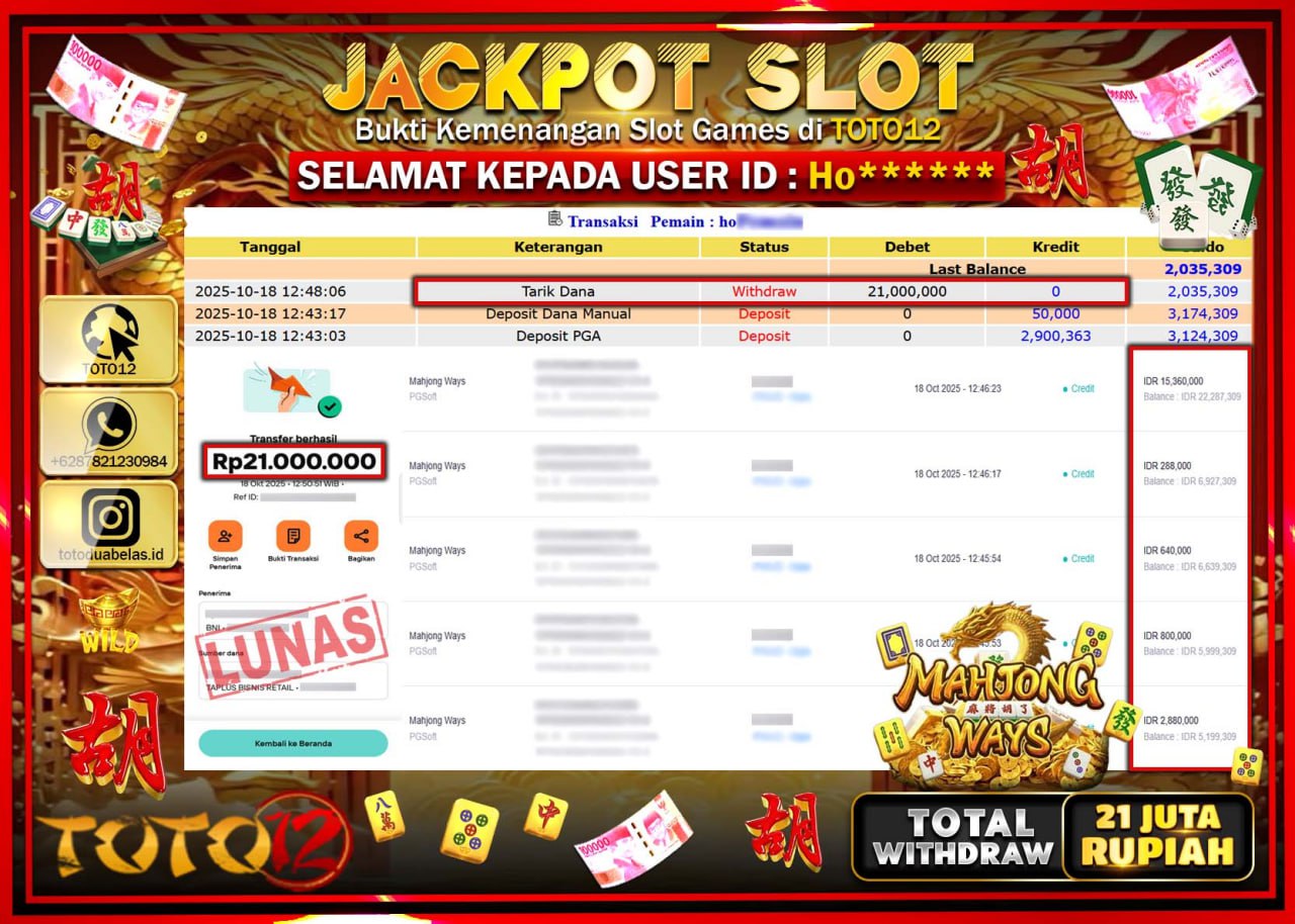 HANYA DI TOTO12 JP PASTI DI BAYAR LUNAS DAN CEPAT!!!!!! JACKPOT SLOT GAME (MAHJONG WAYS) Rp.21.000.000 !!!!