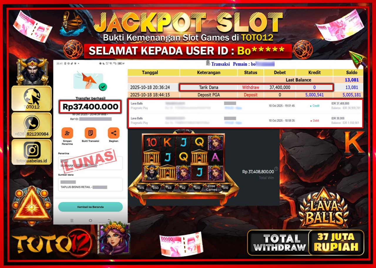 HANYA DI TOTO12 JP PASTI DI BAYAR LUNAS DAN CEPAT!!!!!! JACKPOT SLOT GAME (LAVA BALLS) Rp.37.400.000 !!!!
