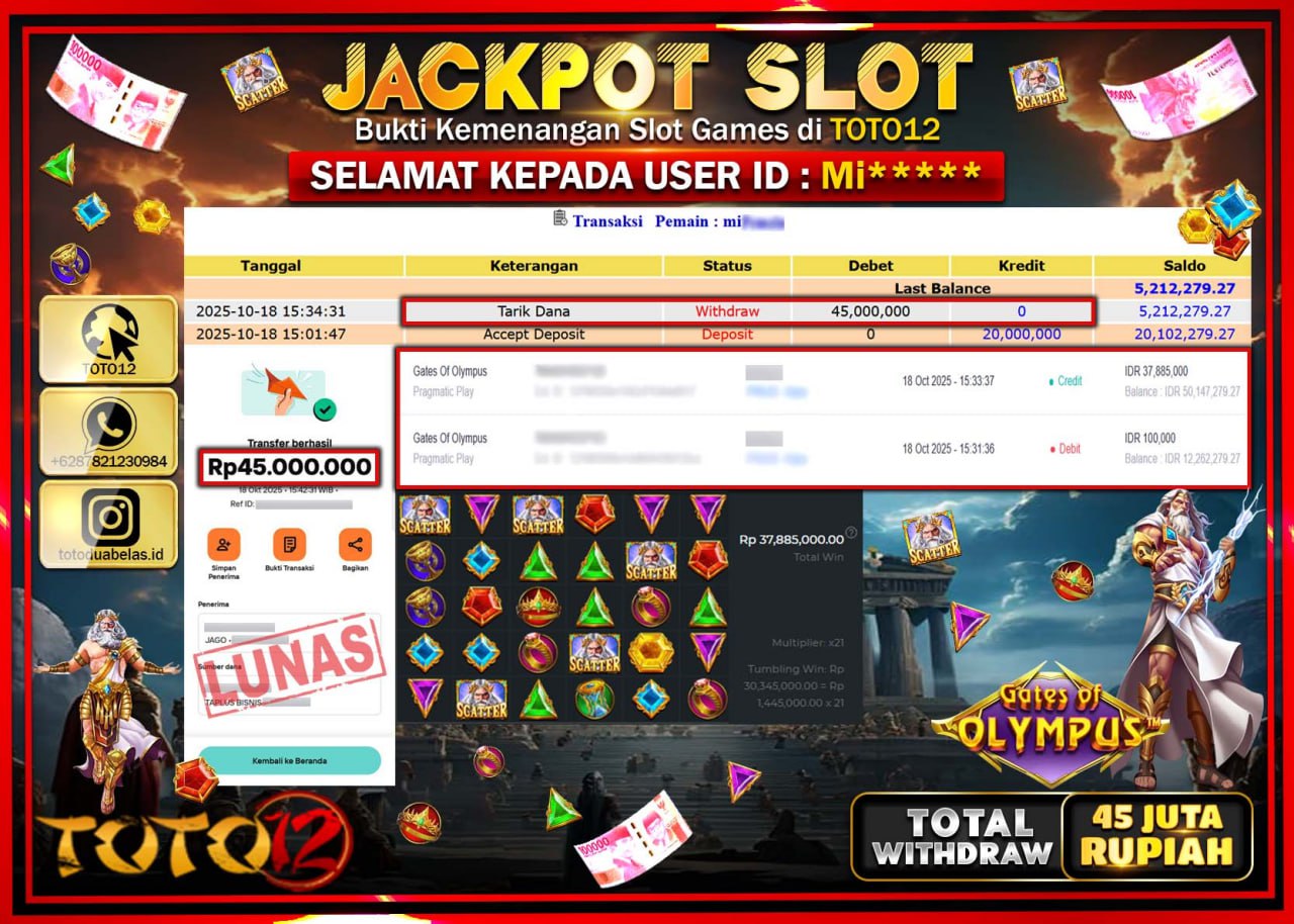 HANYA DI TOTO12 JP PASTI DI BAYAR LUNAS DAN CEPAT!!!!!! JACKPOT SLOT GAME (GATES OF OLYMPUS) Rp.45.000.000 !!!!