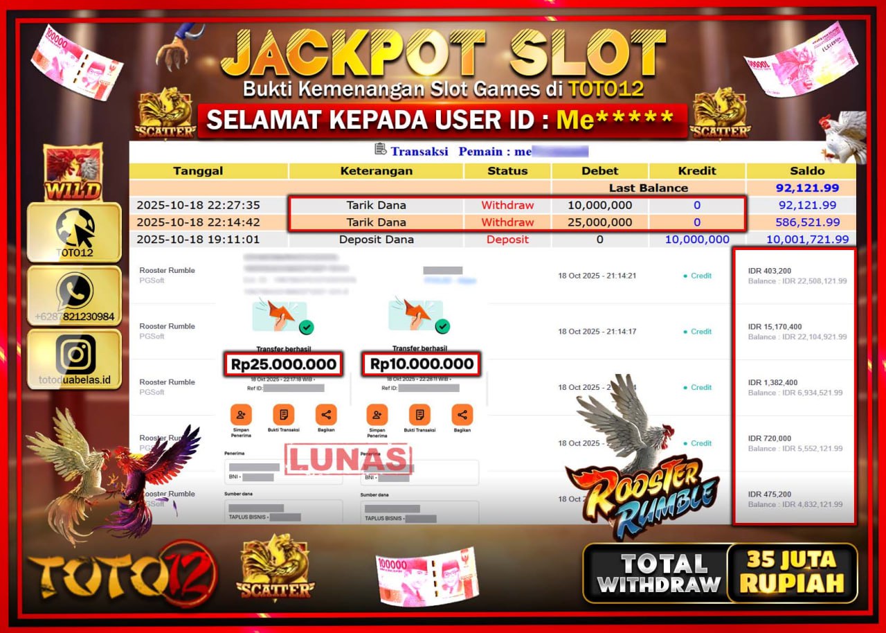 HANYA DI TOTO12 JP PASTI DI BAYAR LUNAS DAN CEPAT!!!!!! JACKPOT SLOT GAME (ROOSTER RUMBLE) Rp.35.000.000 !!!!