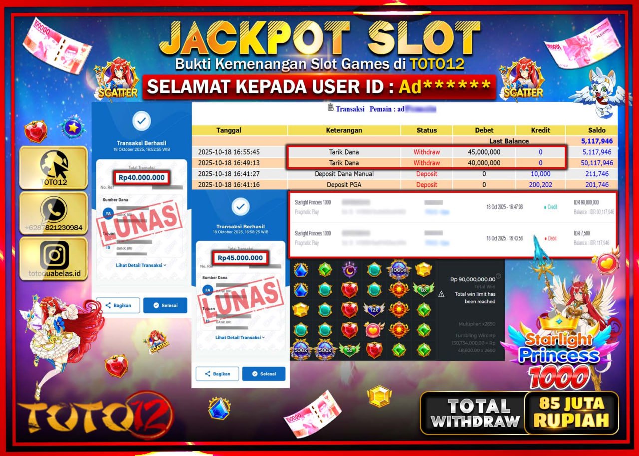 HANYA DI TOTO12 JP PASTI DI BAYAR LUNAS DAN CEPAT!!!!!! JACKPOT SLOT GAME (STARLIGHT PRINCESS 1000) Rp.85.000.000 !!!!