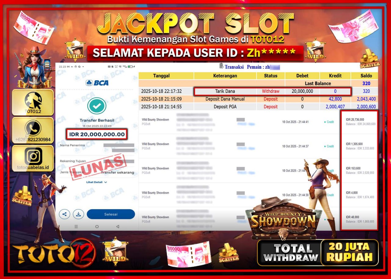 HANYA DI TOTO12 JP PASTI DI BAYAR LUNAS DAN CEPAT!!!!!! JACKPOT SLOT GAME (WILD BOUNTY SHOWDOWN) Rp.20.000.000 !!!!